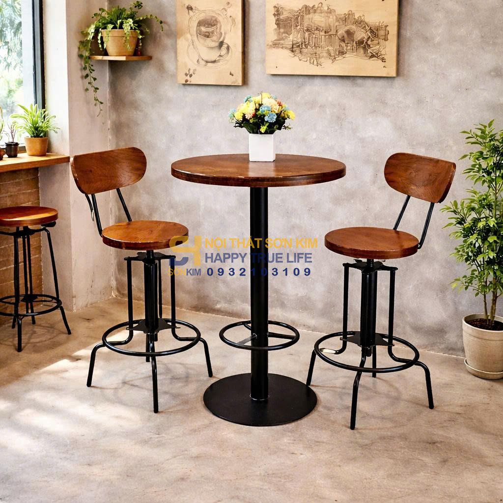 bàn cafe bar chân sắt mặt tròn chiều cao 100-110cm