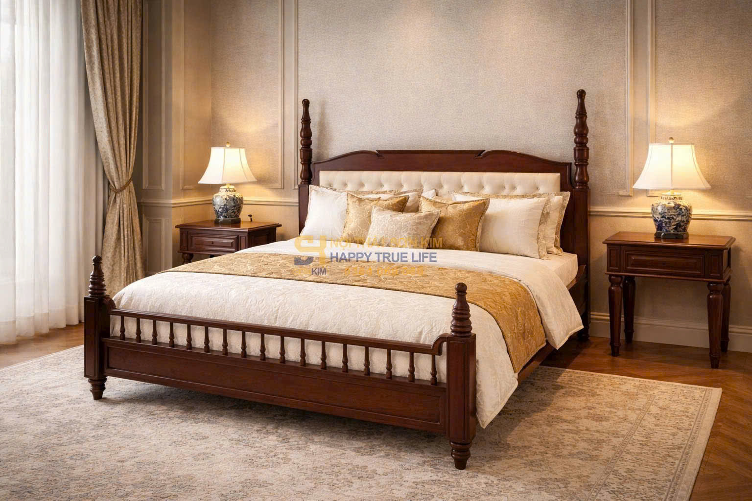 giường ngủ gỗ sồi Nga Indochine sơn nâu