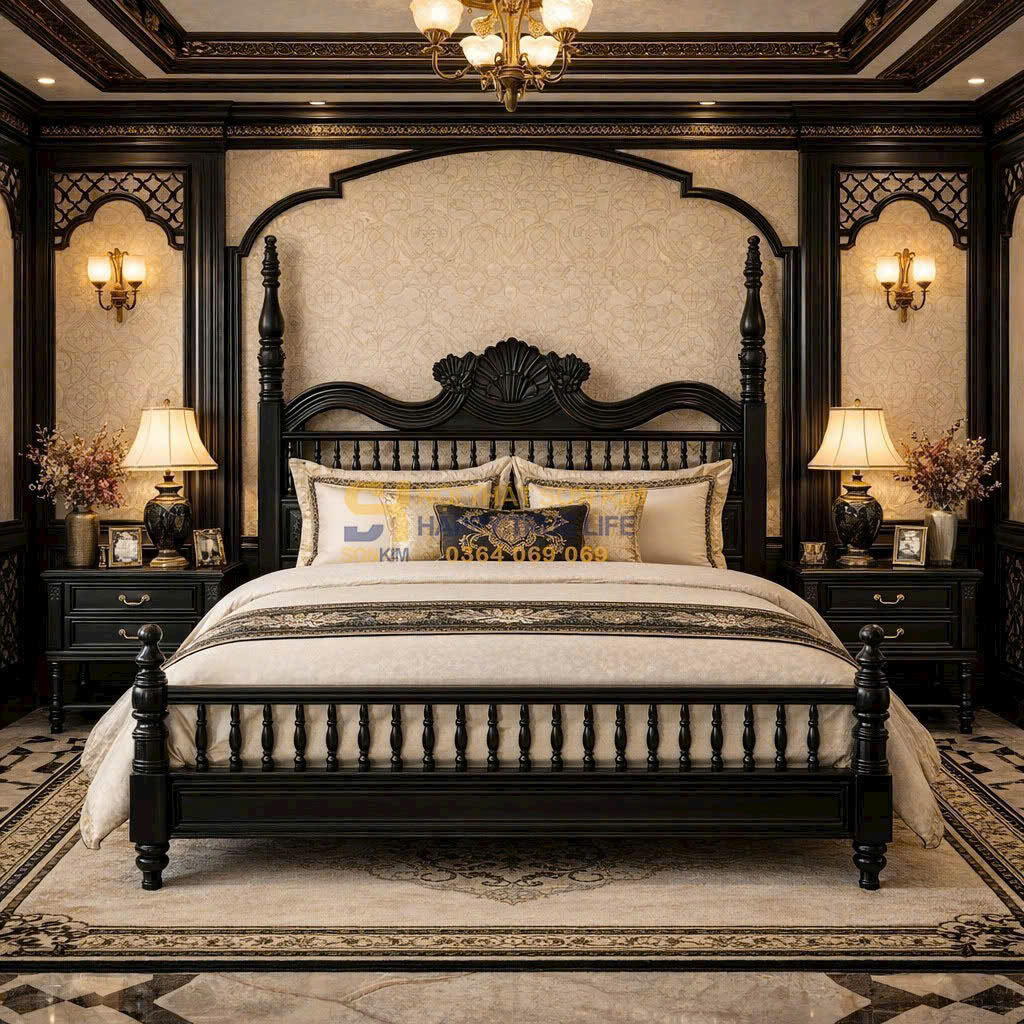 giường ngủ phong cách Indochine gỗ tự nhiên sơn đen
