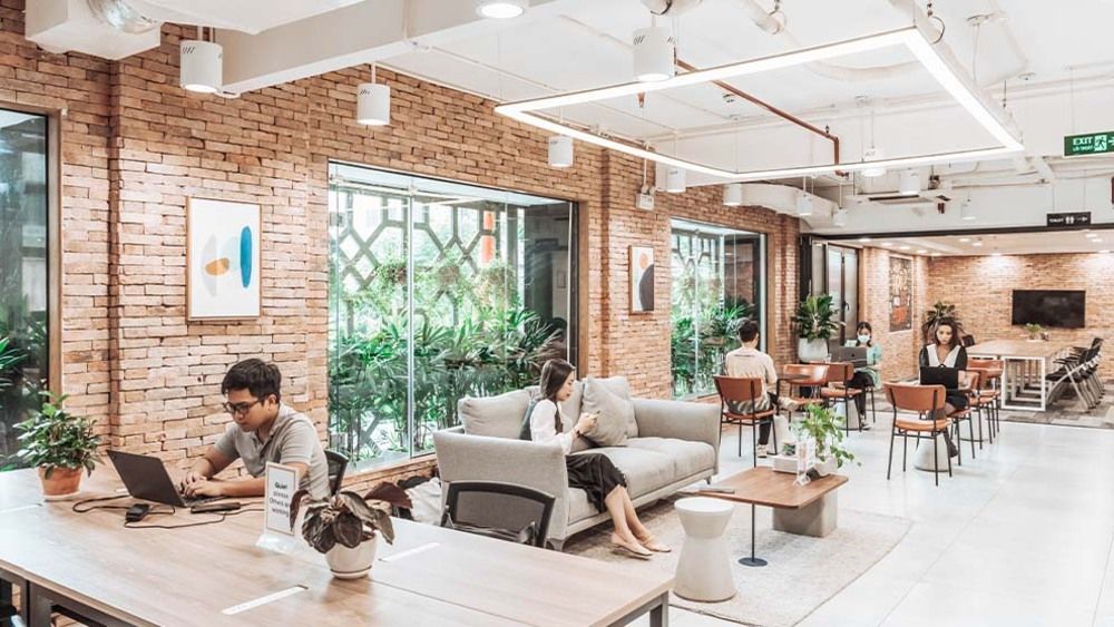 bàn dài cafe làm việc co-working space hiện đại