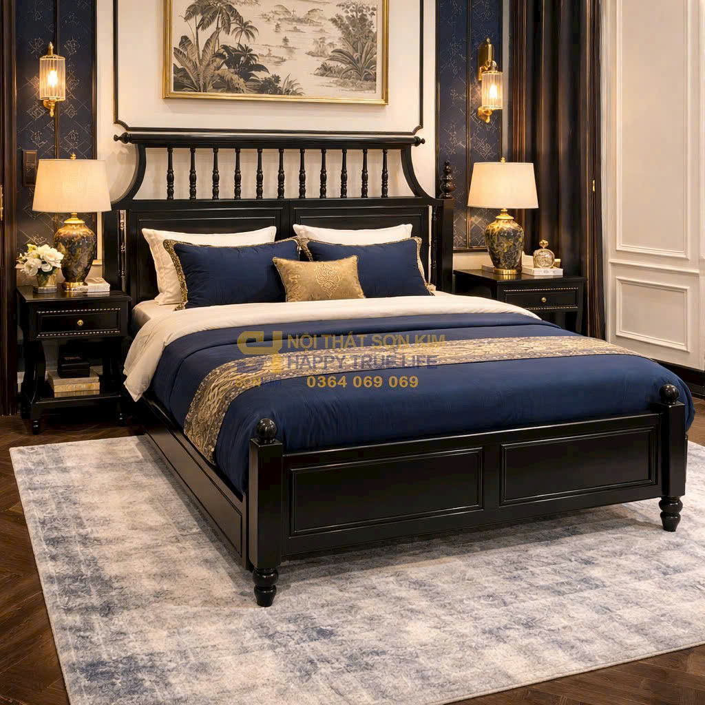 phòng ngủ Indochine đồng bộ giường tab đầu giường tủ quần áo