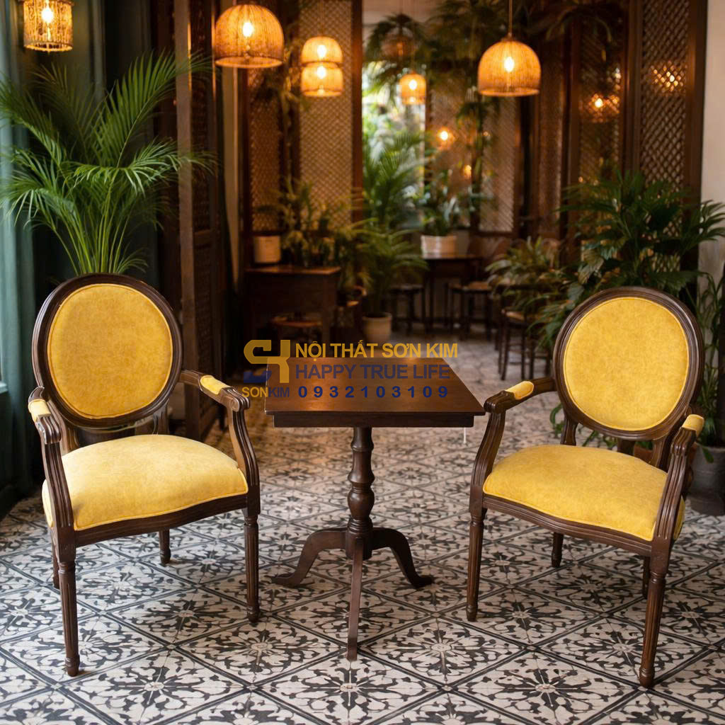 vật liệu trang trí quán cafe Indochine gạch bông tranh Đông Dương cây xanh