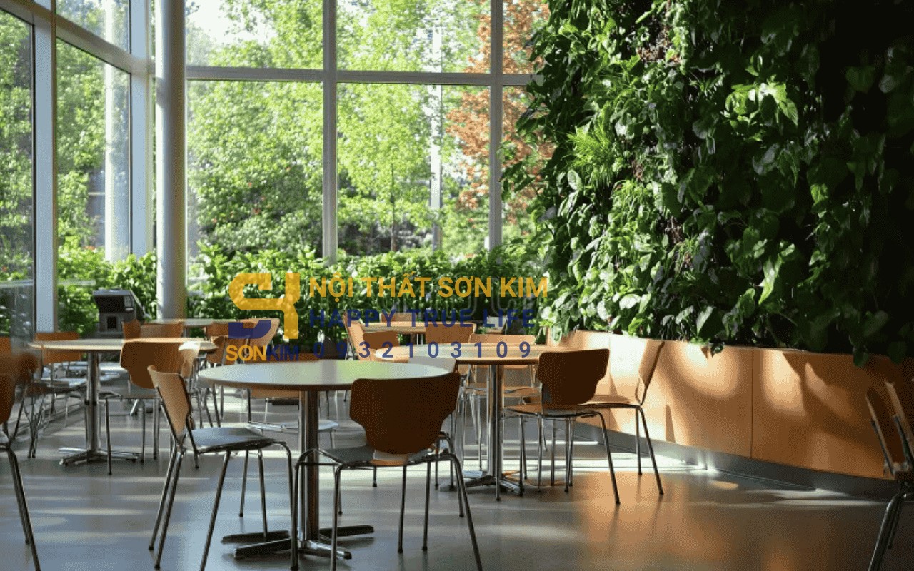 xu hướng nội thất quán cafe 2026 biophilic design cây xanh