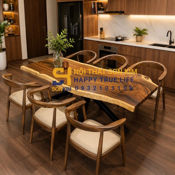 Bàn ăn gỗ me tây nguyên khối 6 người phòng bếp mở