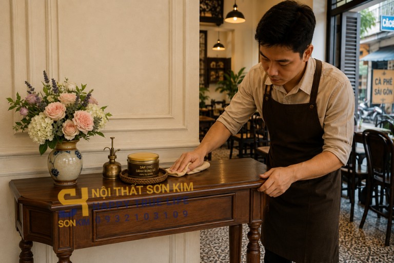 Bảo quản bàn console gỗ tự nhiên Indochine trong quán cafe
