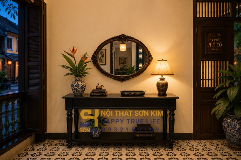 Công thức phối cảnh bàn console Indochine với gương và đèn