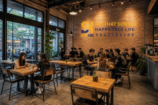 Bàn ghế cafe phong cách công nghiệp industrial khung sắt mặt gỗ