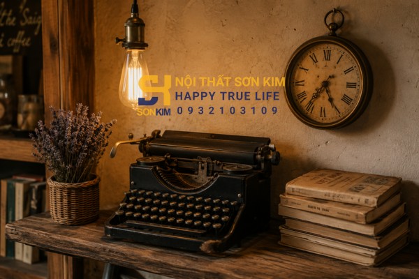 Decor quán cafe vintage với đèn Edison và máy đánh chữ cổ