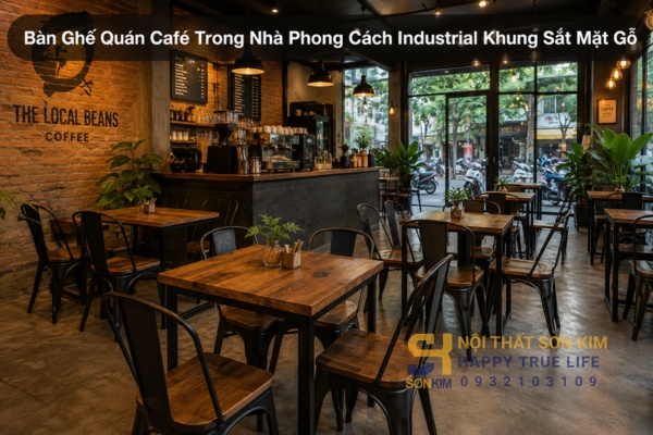 bàn ghế quán cafe trong nhà phong cách industrial khung sắt mặt gỗ
