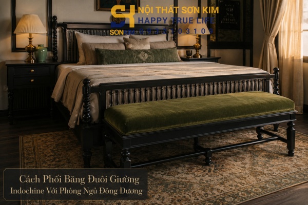 cách phối băng đuôi giường Indochine với phòng ngủ Đông Dương