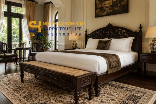 băng đuôi giường Indochine gỗ tự nhiên phong cách Đông Dương