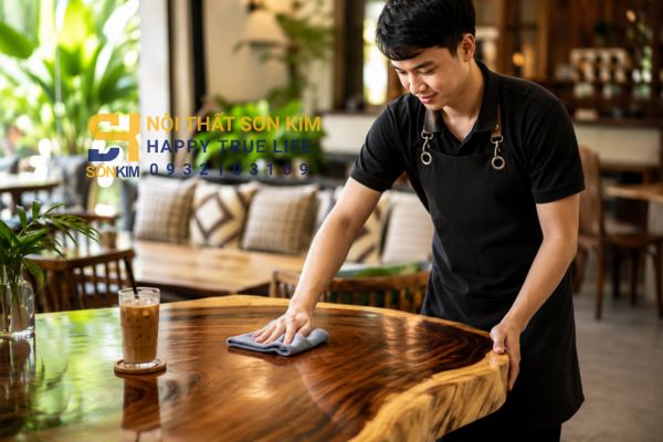Cách bảo quản vệ sinh bàn gỗ me tây nguyên khối trong quán cafe