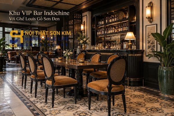 Khu VIP bar indochine với ghế Louis gỗ sơn đen