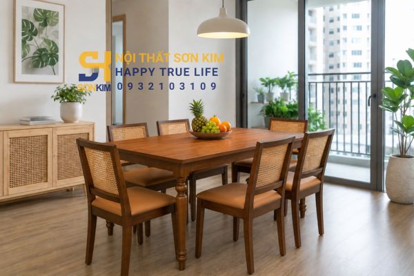 Bộ bàn ăn gỗ cao su tự nhiên 6 ghế phong cách hiện đại