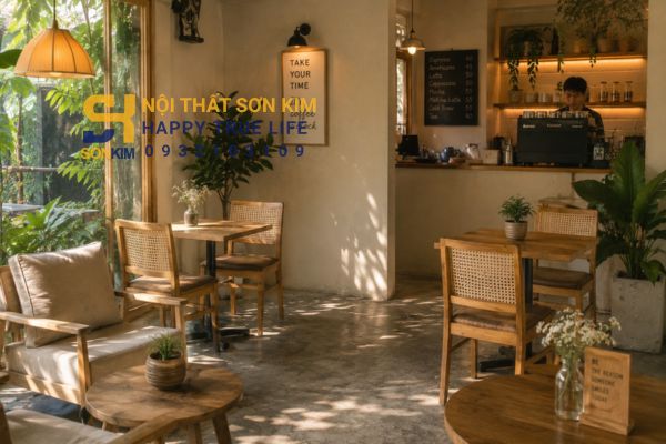 Bàn ghế cafe gỗ cao su tự nhiên trong không gian quán