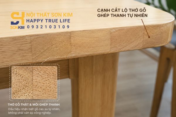 Cạnh cắt bộ bàn ăn gỗ cao su tự nhiên lộ thớ gỗ ghép thanh