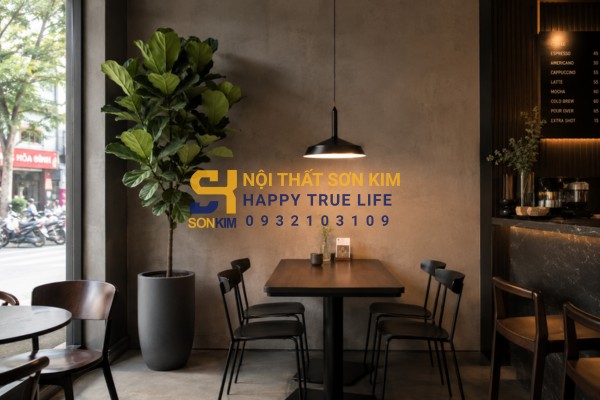 Decor quán cafe hiện đại phối hợp bàn ghế với ánh sáng và cây xanh