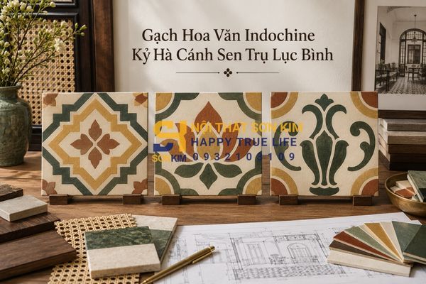Gạch hoa văn Indochine kỷ hà cánh sen trụ lục bình