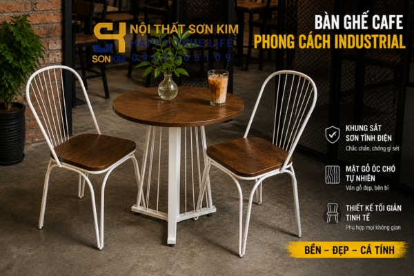 Mẫu ghế cafe gỗ phong cách industrial chân sắt mặt gỗ