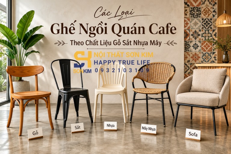Các loại ghế ngồi quán cafe theo chất liệu gỗ sắt nhựa mây