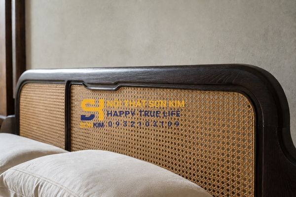 Giường phong cách indochine đầu giường mây tre đan thủ công