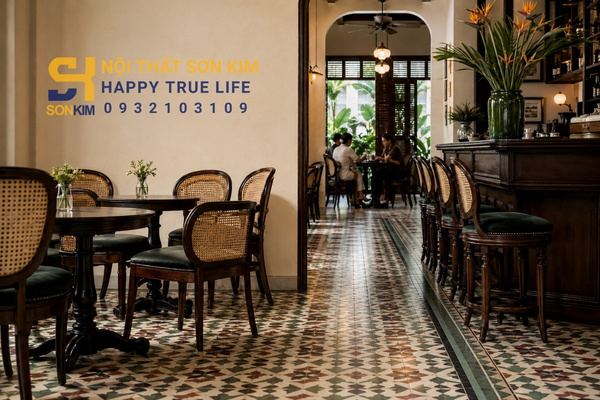 Gạch bông họa tiết Indochine lát sàn quán café phong cách Đông Dương