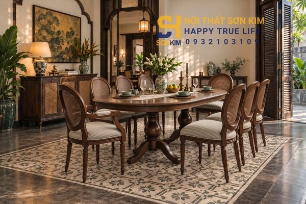 Bàn ăn chân trụ lục bình phòng ăn Indochine