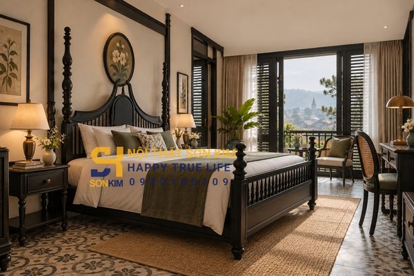 Phòng ngủ boutique hotel Indochine với giường gỗ sơn đen