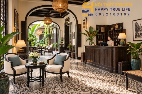 Homestay phong cách Indochine với cửa vòm, gạch bông và mây tre