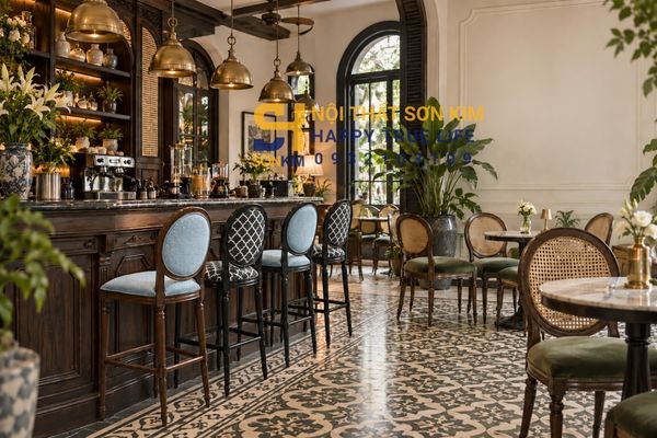 cafe Indochine gạch bông đèn đồng thau ghế Louis