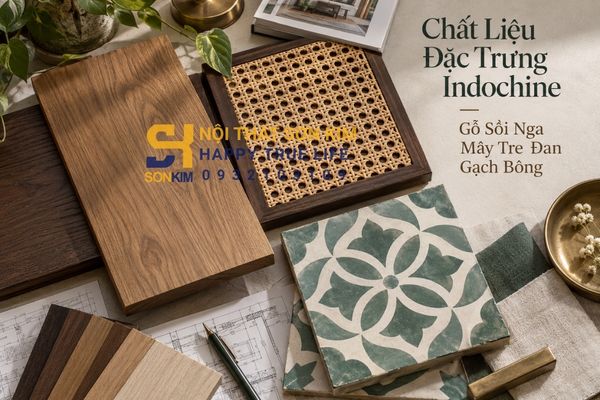 Chất liệu đặc trưng Indochine gỗ sồi Nga mây tre đan gạch bông