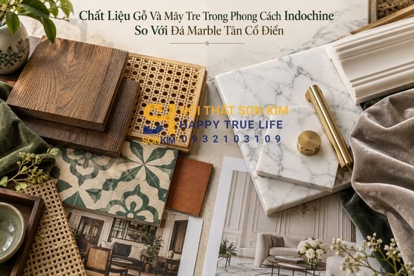 Chất liệu gỗ và mây tre trong phong cách Indochine so với đá marble Tân cổ điển