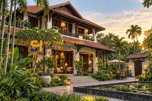 Biệt thự Indochine đẹp mái ngói dốc sân vườn nhiệt đới
