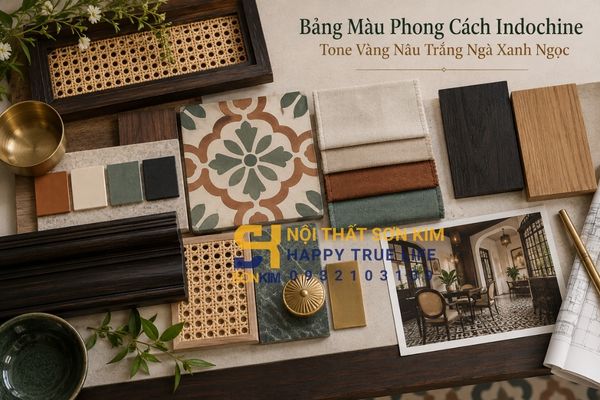 Bảng màu phong cách Indochine tone vàng nâu trắng ngà xanh ngọc
