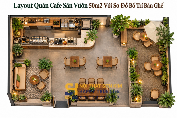 Layout quán cafe sân vườn 50m2 với sơ đồ bố trí bàn ghế