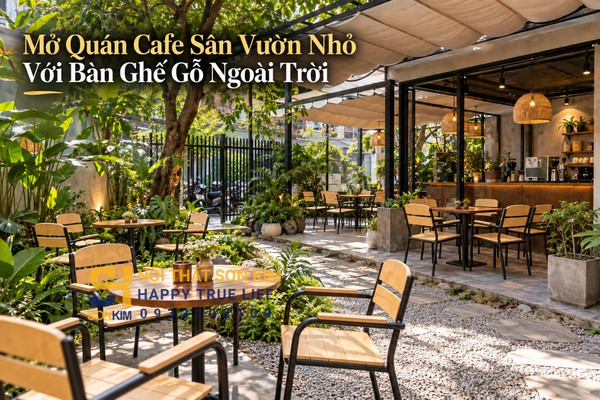 Mở quán cafe sân vườn nhỏ với bàn ghế gỗ ngoài trời