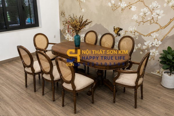Bàn ghế gỗ tần bì Indochine ghế Louis tựa mây