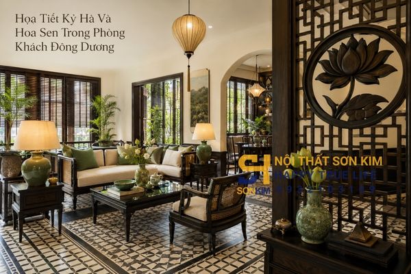 Họa tiết kỷ hà và hoa sen trong phòng khách Đông Dương