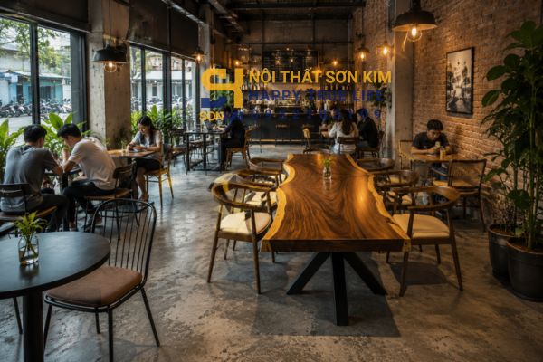 Setup quán cafe với bàn me tây chân sắt phong cách industrial