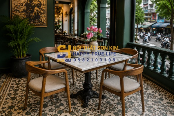 bàn ghế cafe cao cấp gỗ tự nhiên mặt đá