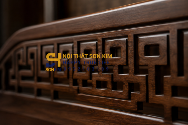 Hoa văn CNC kỷ hà trên sofa Đông Dương gỗ tự nhiên
