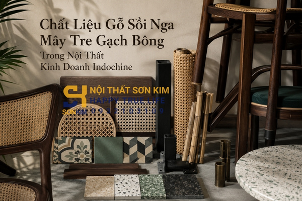 Chất liệu gỗ sồi Nga mây tre gạch bông trong nội thất kinh doanh Indochine