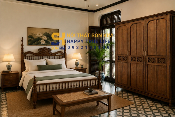 Tủ quần áo Indochine 4 cánh gỗ sồi Nga trong phòng ngủ master phong cách Đông Dương