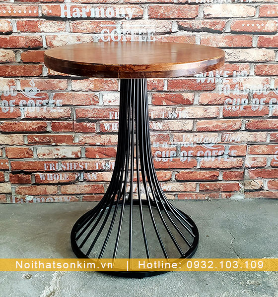 bàn cafe mặt gỗ tròn chân sắt