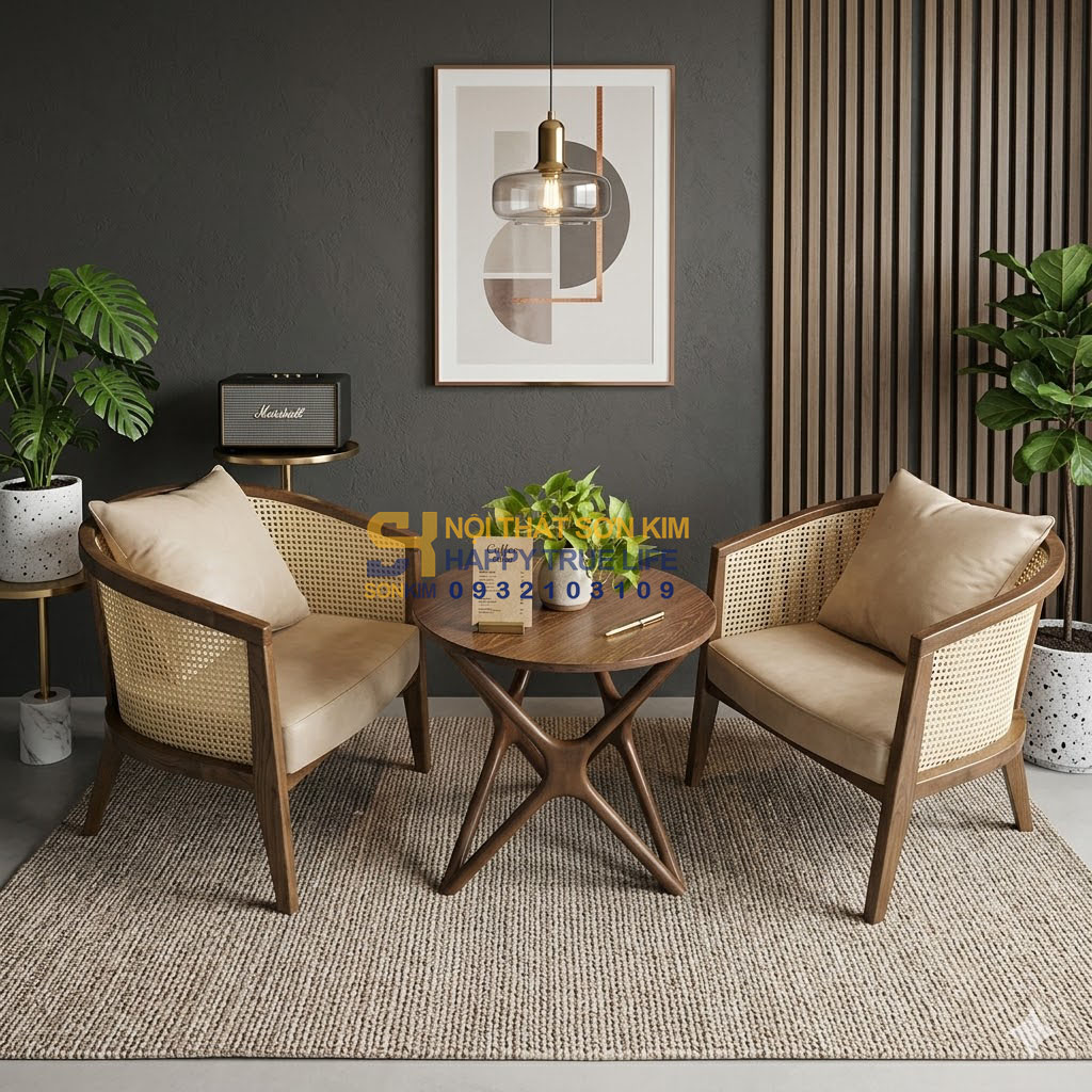 Bộ Ghế Cafe Harvey Gỗ Nâu Và Bàn Sofa Café BGC218