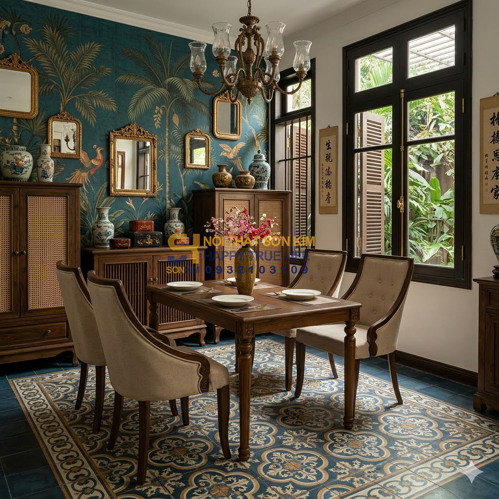 Bộ bàn ăn Louis Tần Bì & Ghế Amber Gỗ Màu Nâu BGA127