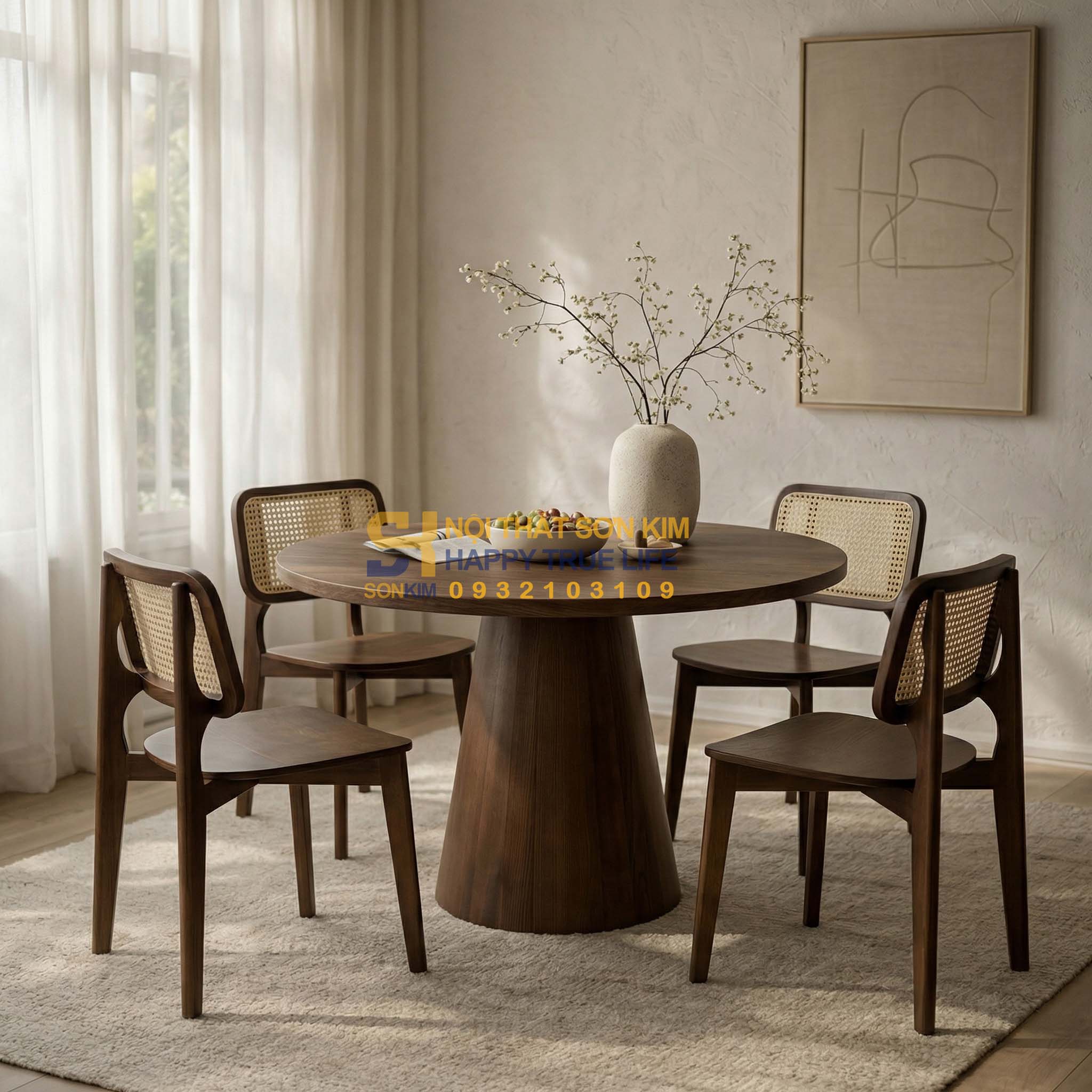 Bộ Bàn Ăn Trụ Nón Mặt Gỗ Tròn + 4 Ghế CH301 Gỗ Nâu BGA136