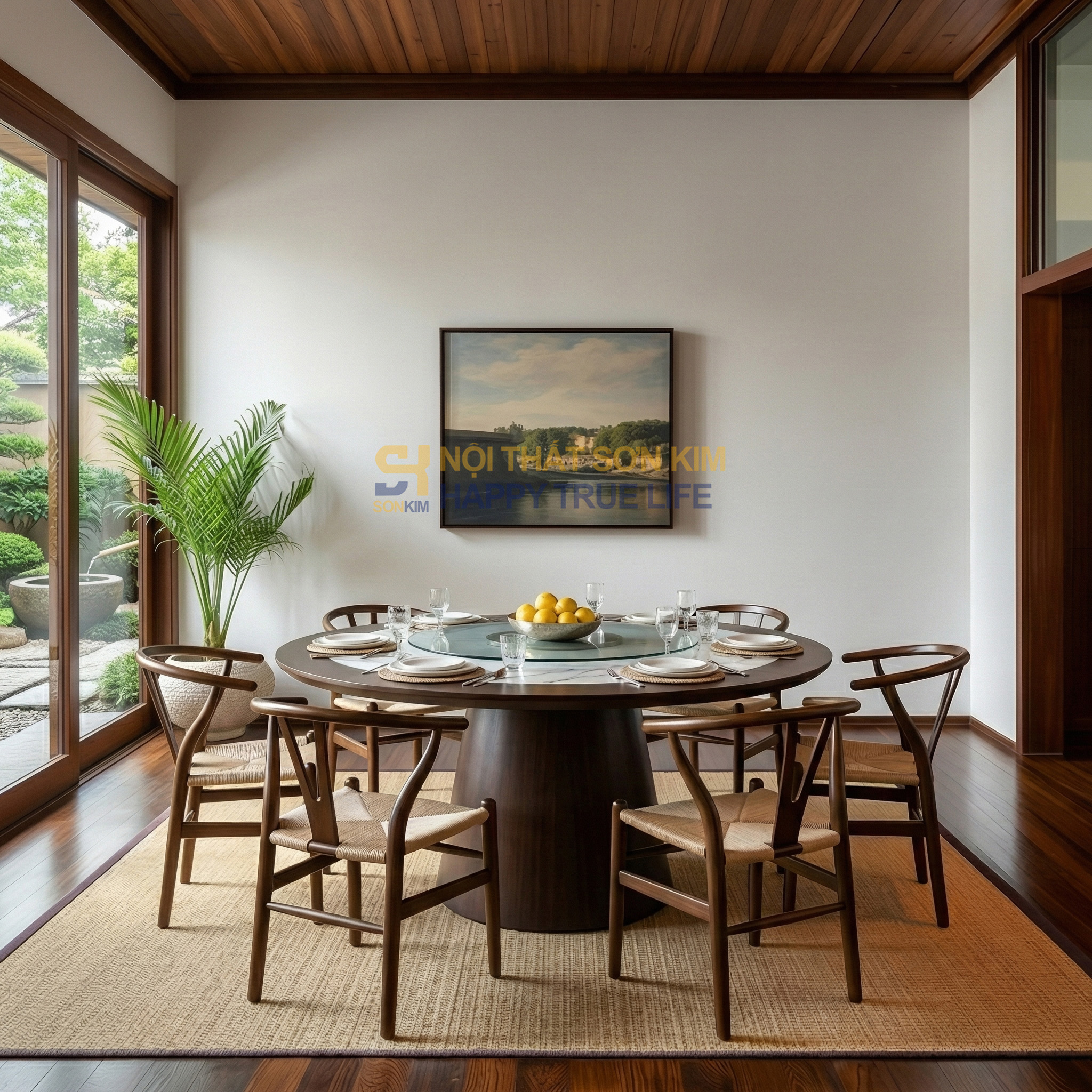 Bộ Bàn Tròn Phòng VIP và Ghế Whisbone Đan Dây BGA85