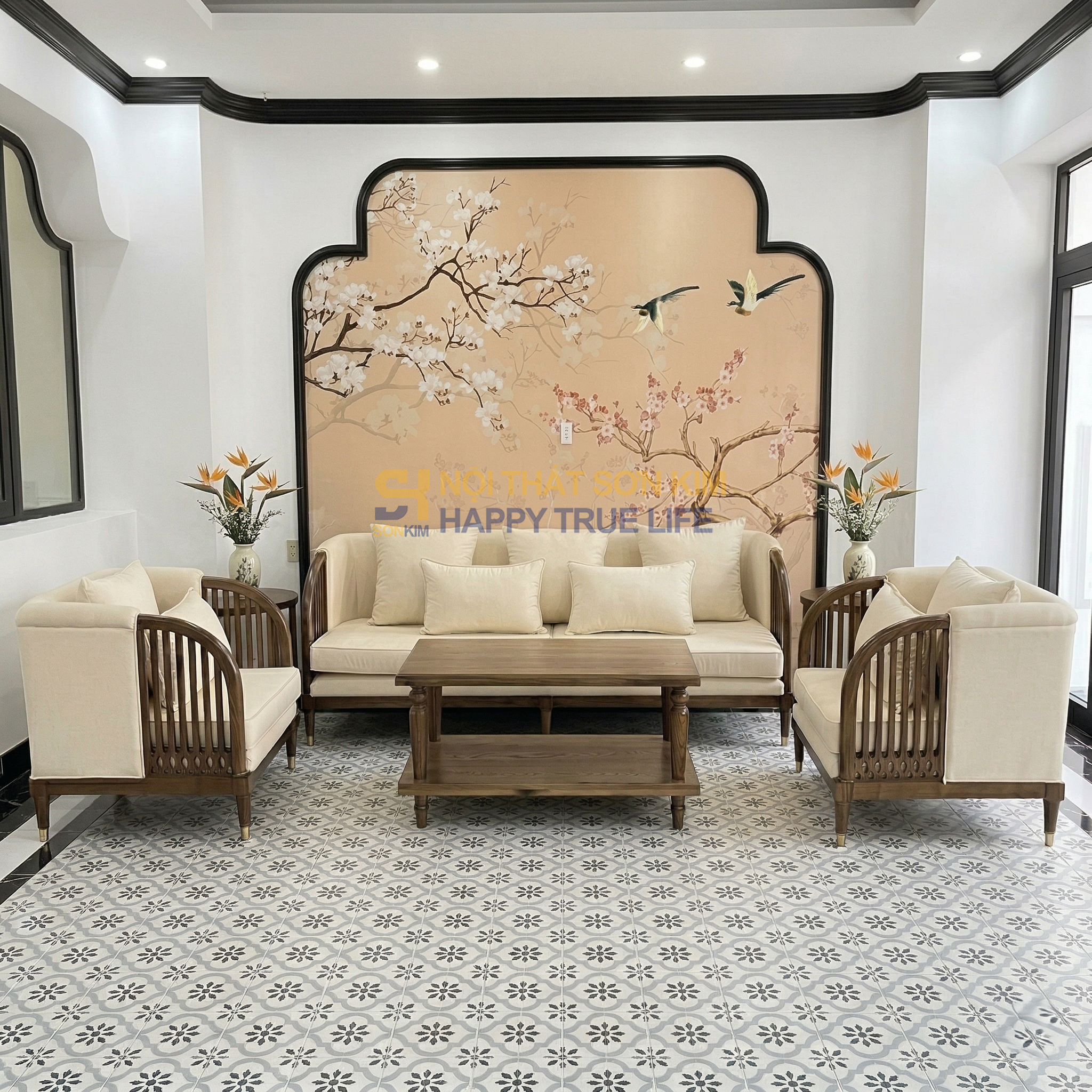 Bộ Sofa INDO và bàn Sofa chân tiện gỗ nâu BGC248