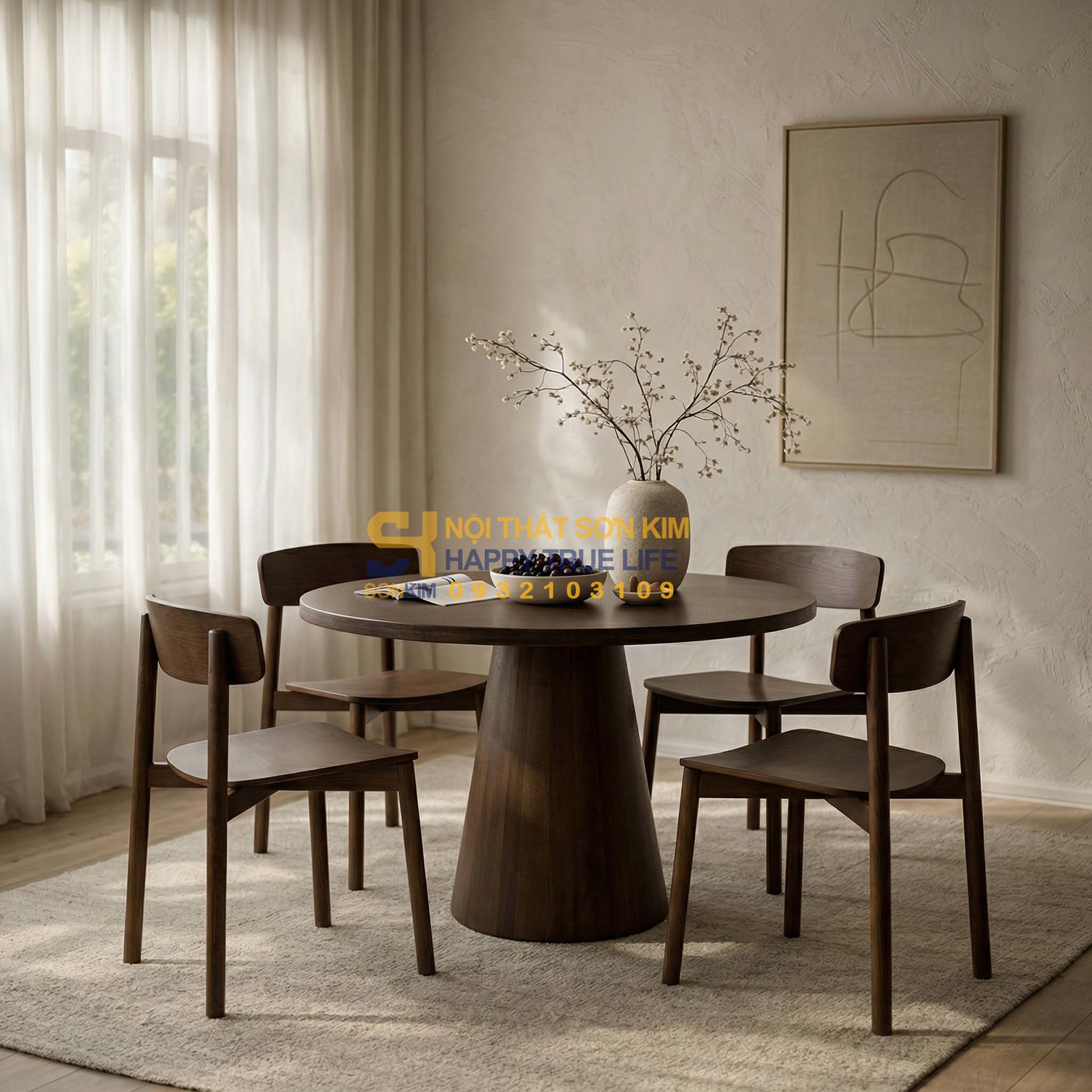 Bộ Bàn Ăn Trụ Nón Mặt Gỗ Tròn + 4 Ghế Cros Gỗ Nâu BGA137